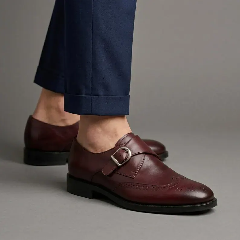 Mens Burgundy Oxblood Leather Monk Strap, Burgundy color, Monk Strap category, view 5 by Hidesole